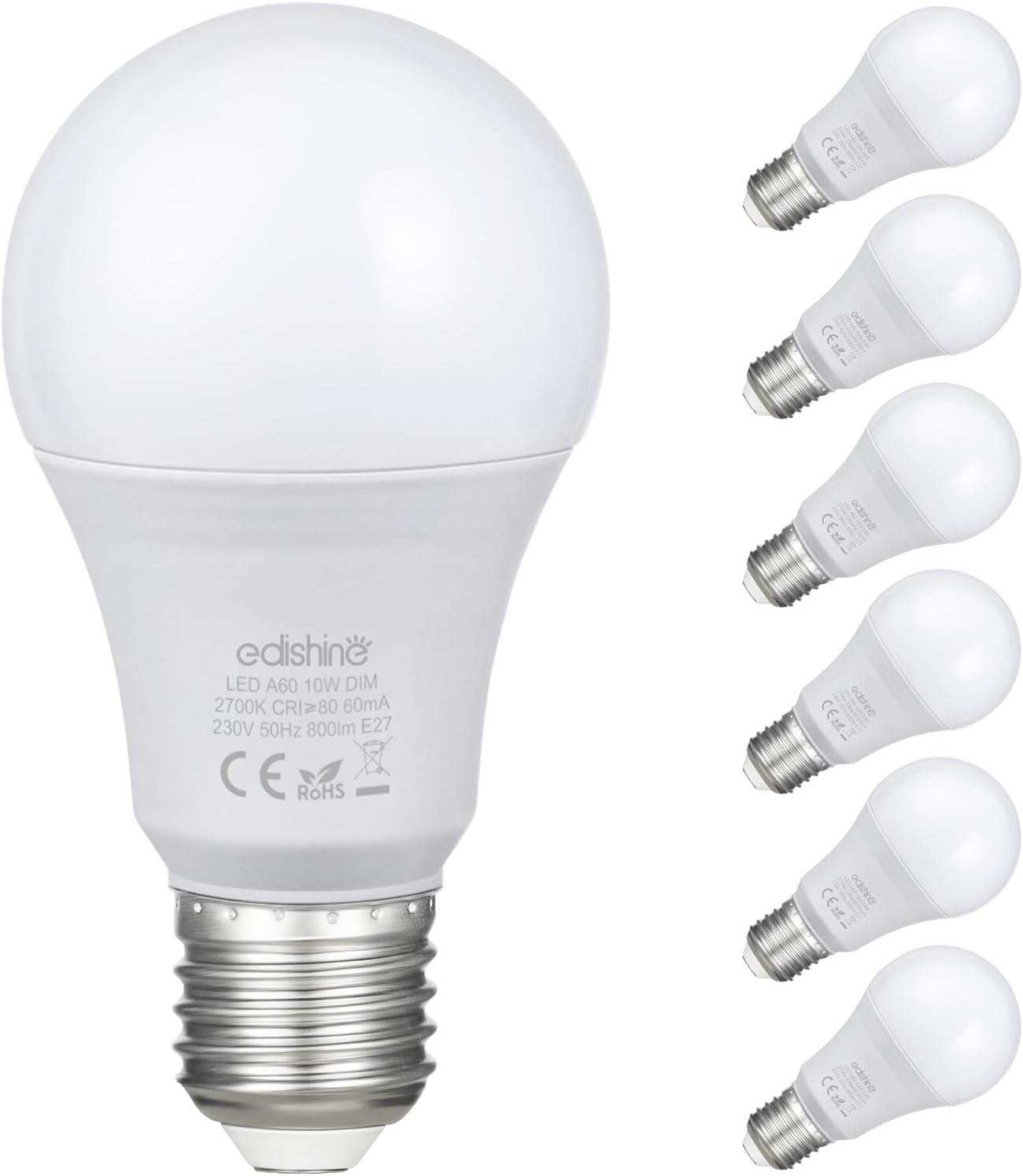 EDISHINE 6 Pack E27 Dimmable Bulb, Led Bulb Warm White 2700K, 10W E27 Screw Bulb