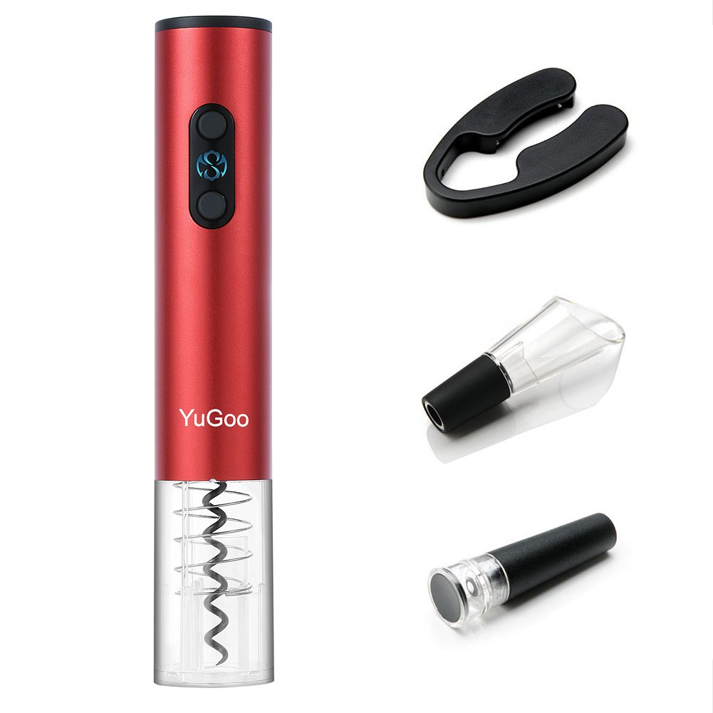 Wine Opener YUGOO Automatic Electric Bottle Opener with Foil Cutter, Vacuum Stopper, Wine Aerator Pourer as Gift Set, - Red