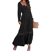 ZESICA Women's 2026 Boho Long Sleeve Square Neck Smocked High Waist Flowy A Line Lace Trim Maxi Dress