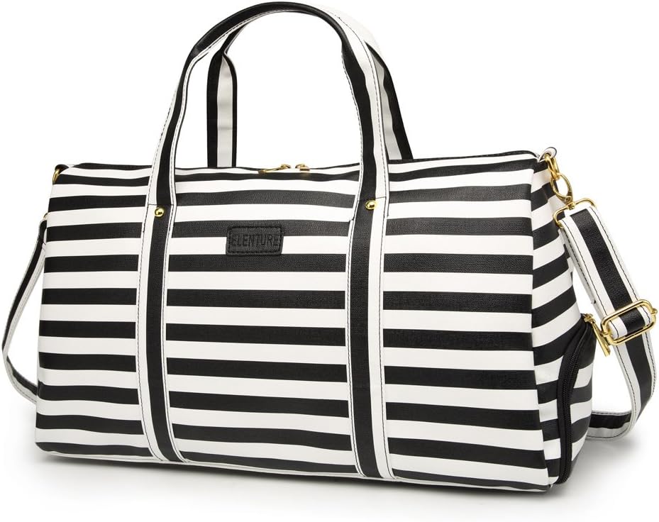 Elenture Weekender Tote Bag Leather Travel Duffel Bag Overnight Carry Bag (Black/White Stripe)