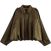 VOROFY Women's Cropped Faux Suede Bomber Jacket Fall Casual Oversized Shacket Coat Long Sleeve Trendy Outerwear