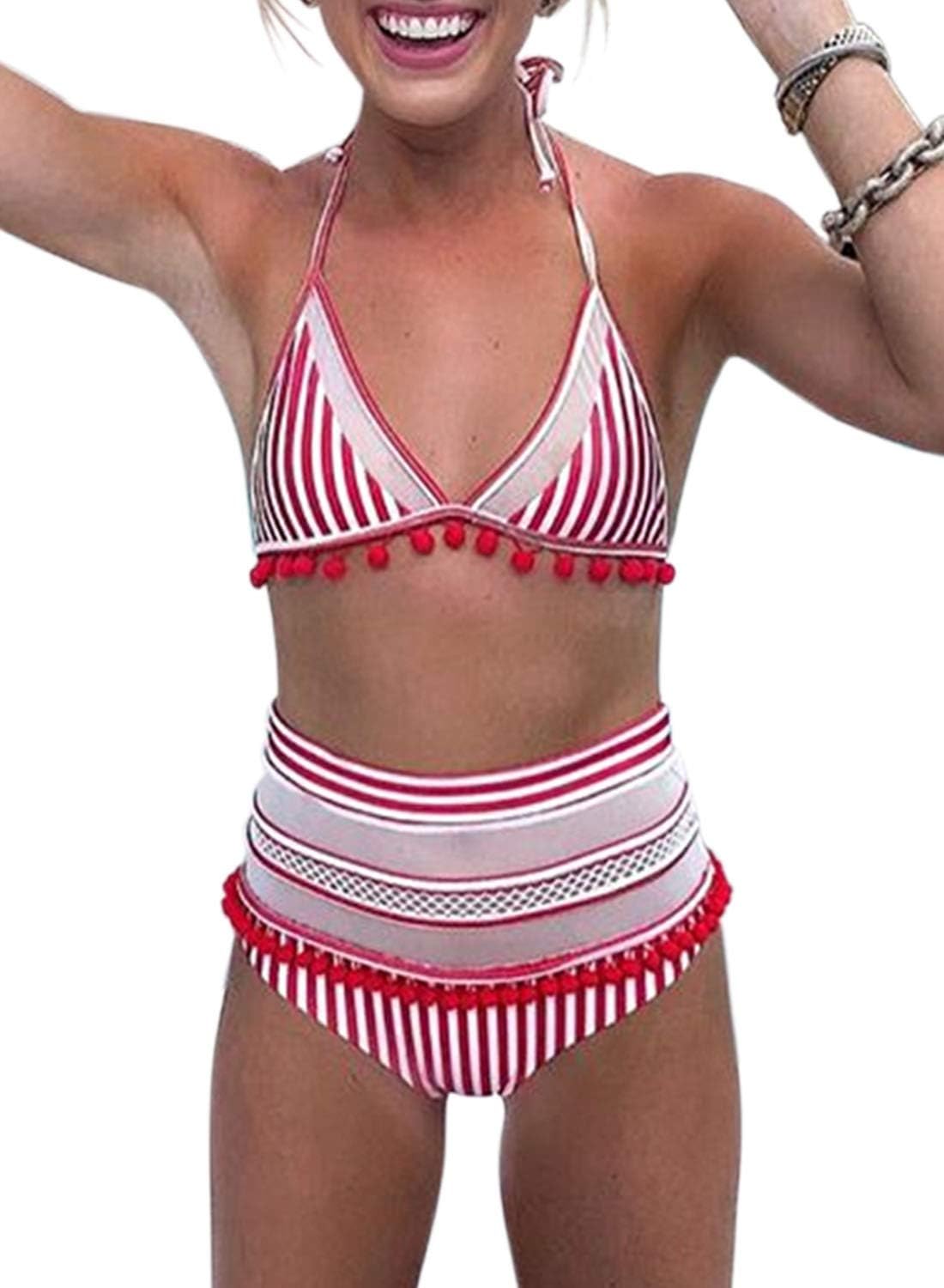 Bdcoco Women's High Waist Two Pieces Bikini Set Padded Stripe Tassel Swimsuit