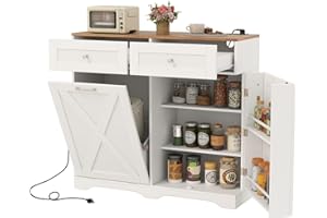Giantex Tilt Out Trash Can Cabinet 10 Gallon, Kitchen Island with Power Outlet, 2 Drawers, Adjustable Shelves, Hidden Storage Garbage Bin Cabinet for Laundry Room Dining Room (White+Walnut)