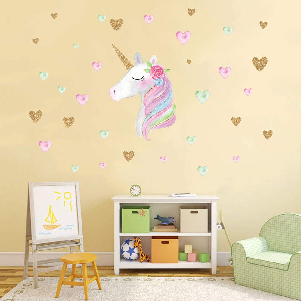 Unicorn Wall Decals,Unicorn Wall Sticker Decor with Heart Flower Birthday Christmas Gifts for Boys Girls Kids Bedroom Decor Nursery Room Home Decor-Unicorn: Baby