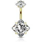 Pierced Owl - 14GA Stainless Steel Internally Threaded Double Square CZ Crystal Prong Set Belly Button Ring