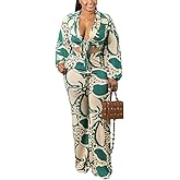 2 Piece Outfits for Women Sexy V Neck Print Shirts Tie Knot Batwing Blouses Crop Top Wide Leg Pants Set