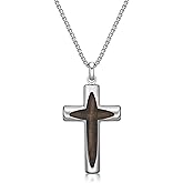 Metro Jewelry Wood Cross Pendant Necklace for Men in Stainless Steel on 24 Inches Long Box Chain