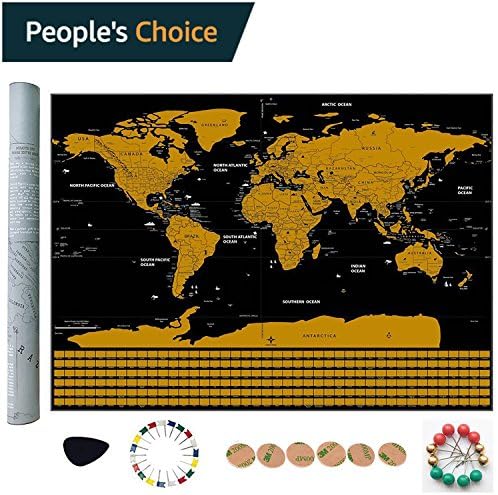 Scratch off map of the world - With US states outlined, pins and Gift Tube Packing - IUONUT