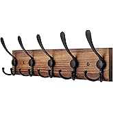 Kuhome Coat Rack Wall Mount Wooden Hat Rack for Wall Hooks Pine Real Wood Plank 16.9" Brown Coat Hanger with 5 Triple Hooks for Hanging Coat Hat Jacket