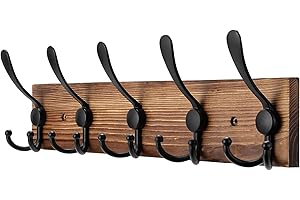 Kuhome Coat Rack Wall Mount Wooden Hat Rack for Wall Hooks Pine Real Wood Plank 16.9" Brown Coat Hanger with 5 Triple Hooks for Hanging Coat Hat Jacket