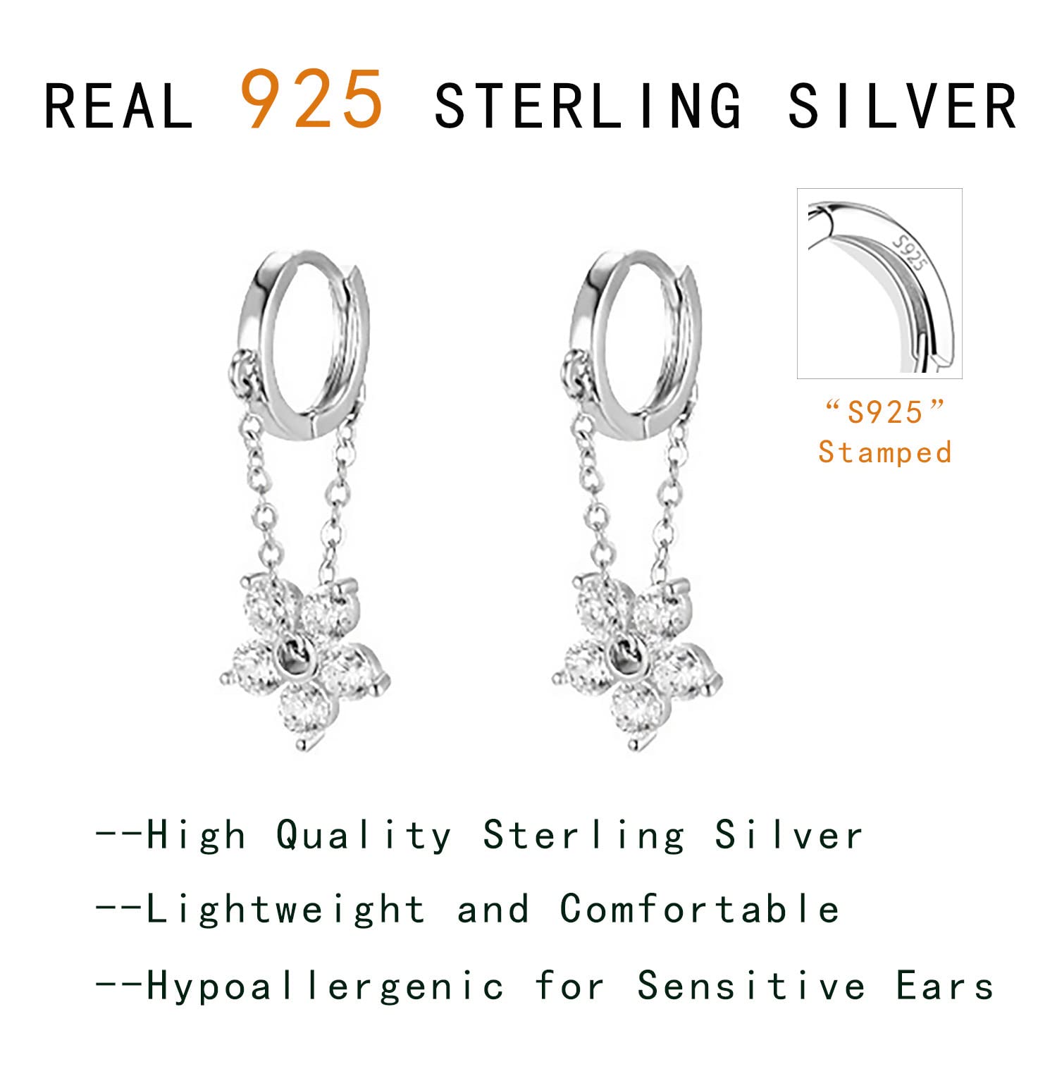Reffeer 925 Sterling Silver Flower Chain Drop Earrings Hoop for Women Teens Huggie Hoop Dangle Earrings Chain