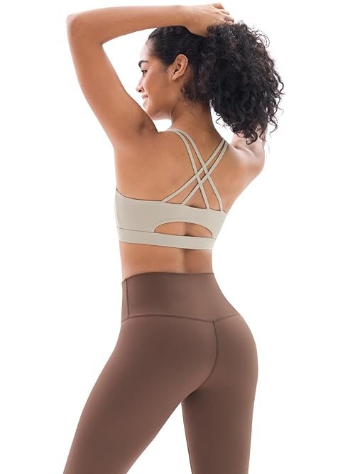 2 Piece Workout Sets for Women Strappy Criss Cross Sports Bra with Tummy Control Yoga Leggings Yoga Set(Y83S-Khaki/Coffee)