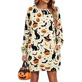 JINTING Women’s Halloween Dress Pumpkin Black Cat Ghost Tunic with Pockets | Halloween Tunic Sweatshirt, Witch Hat Black Cat Graphic, Funny Doodle Print Pullover, Fall Top