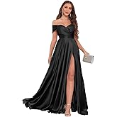 JKMMYO Women's Off Shoulder Bridesmaid Dresses for Wedding with Slit Satin Prom Dress Long Formal Gown