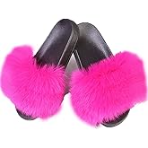 DAYISS Women Faux Fox Fur Slippers Summer Feather Open Toe Single Strap Slip On Sandals