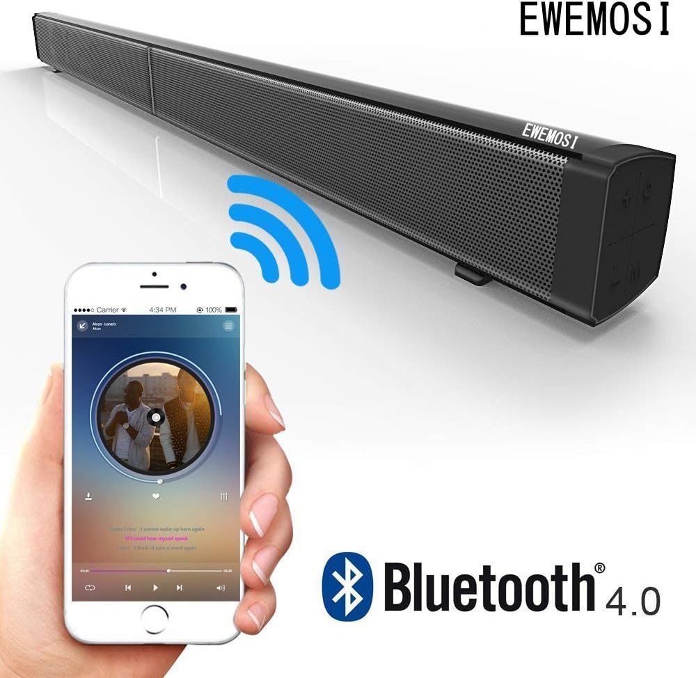 EWEMOSI Sound Bar Wireless Bluetooth 4.0 with 4 Subwoofers - Clear Sound Remote Control Wall Mounting - Home Theater Stereo Audio for TV/Mobile Phone/Computer