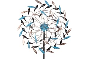 DREAMYSOUL Wind Spinner Outdoor, 23" Dia Metal Windmills with Blue and Copper Leaves, Kinetic Wind Spinners & Sculpture for Yard and Garden