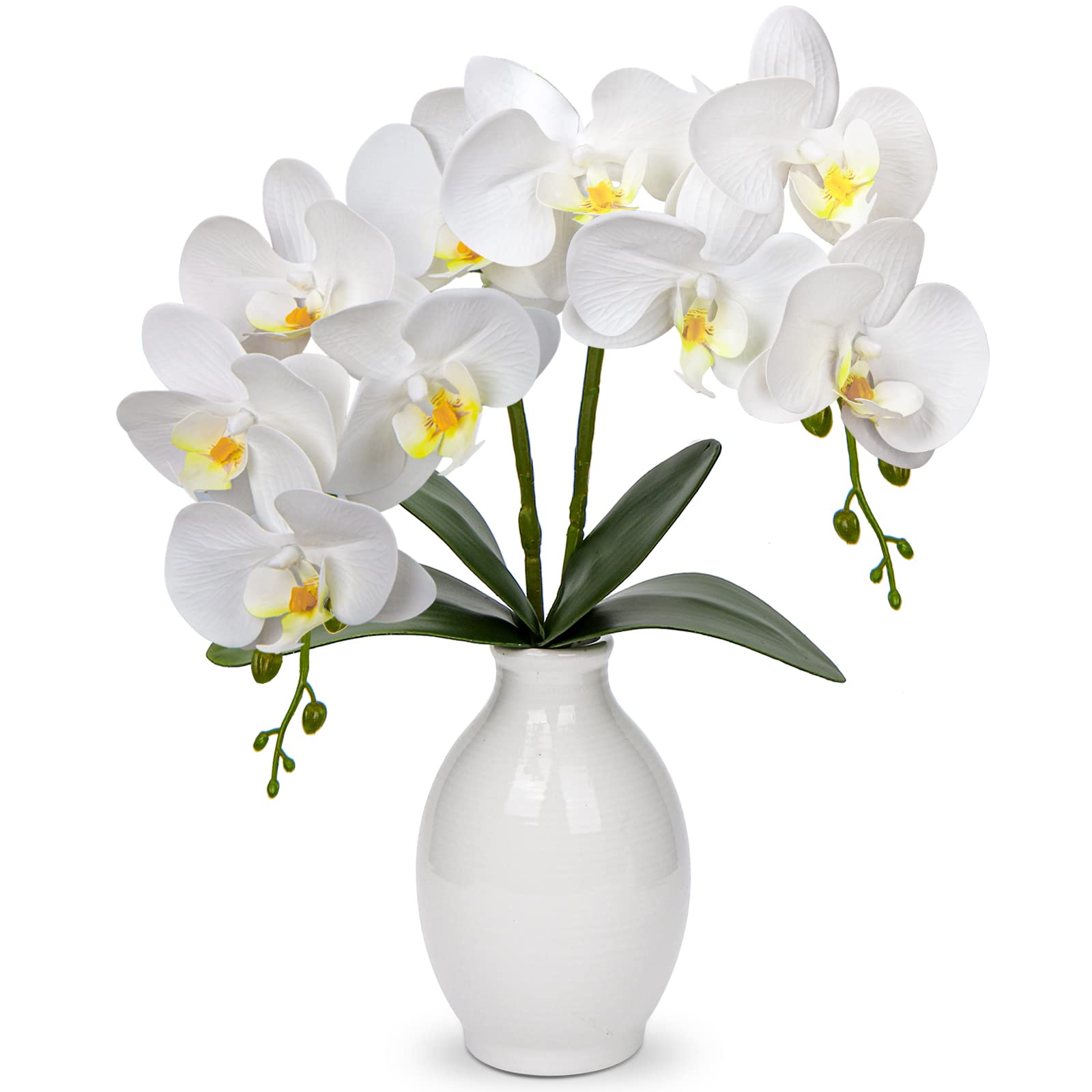Hollyone 40CM Artificial White Orchid Flower in Vase, Large Fake Orchid Plant with Ceramic Vase, Decorative Faux Phalaenopsis for Home Decor, Bathroom, Living Room, Desk, Centerpiece Decorations