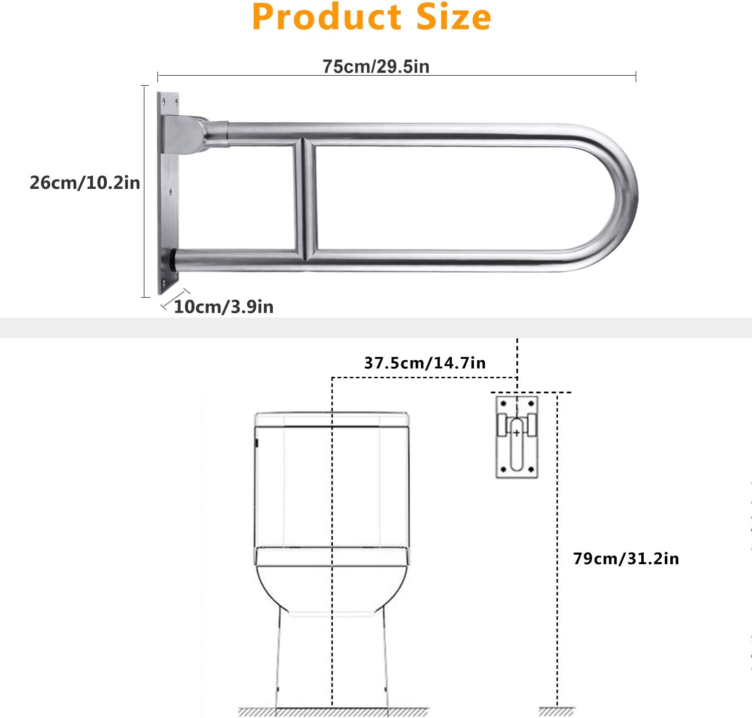 Stainless Steel Toilet Grab Bar Handicap Rails Grab Bars Bathroom Support for Elderly Bariatric Disabled Commode Safety Hand Railing Guard Frame Shower Assist Aid Handrails Hand Grips 29.5 Inch: Health & Personal Care