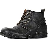 OSSTONE Moto Boots for Men Fashion lace-up Leather Chukka Boots Casual Shoes Metal Cleats OS-6015-3-A-US-R Metal Black