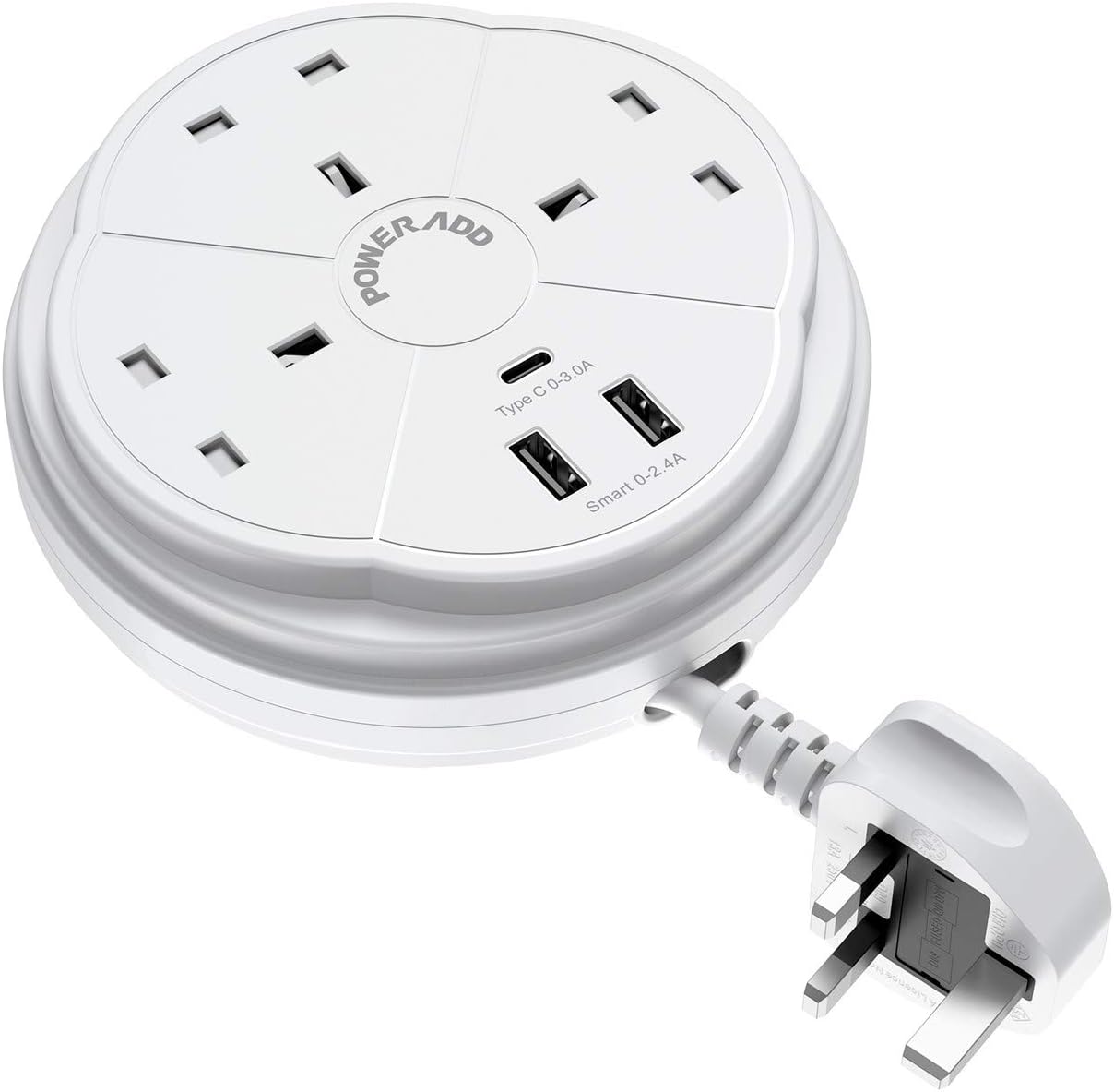 Poweradd Extension Lead with Retractable Cable, 3 Way Outlets with 3 Smart USB Ports(One USB-C) Desktop Power Strip Surge Protection, 1.3M Extension Cord - White