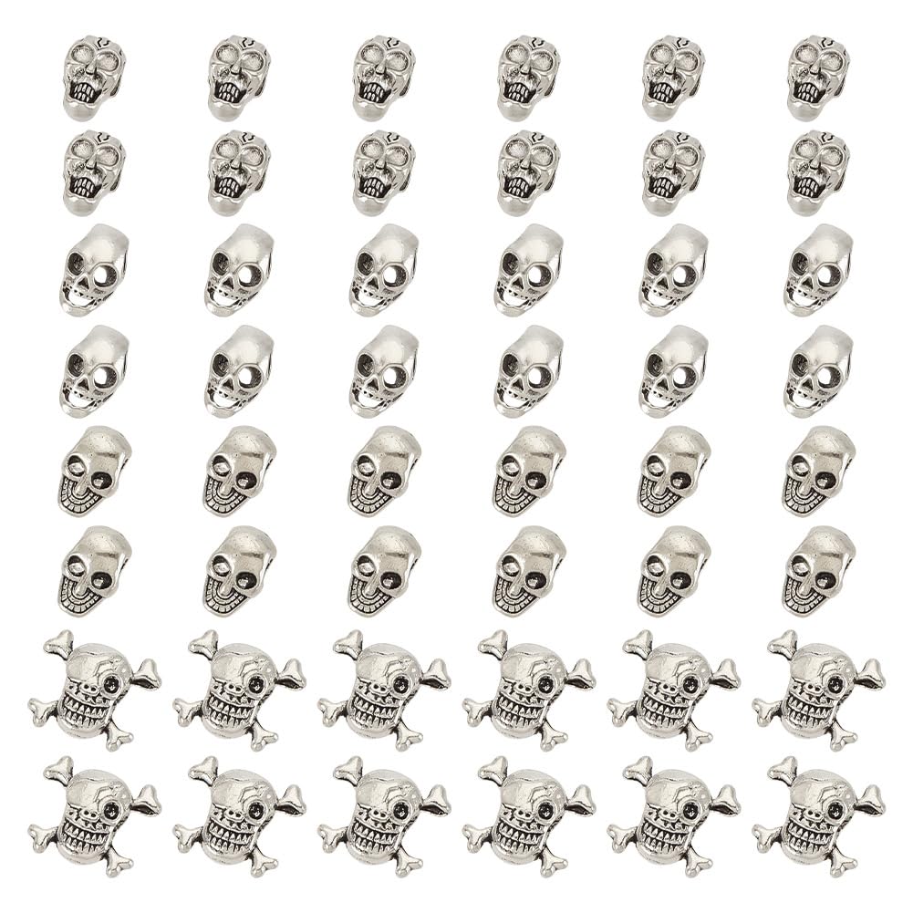 HOBBIESAY 60Pcs 4 Styles Antique Silver Skull Beads 10.5-15mm Tibetan Style Skull Beads Alloy Skull Loose Spacer Beads Skull Head Beads for Bracelets DIY Crafts Hole: 3-5mm