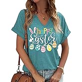 PUCKOLITY Happy Easter V Neck Shirts for Women Cute Easter Bunny Rabbit Eggs Graphic T-Shirt Holiday Christian Shirt Tops
