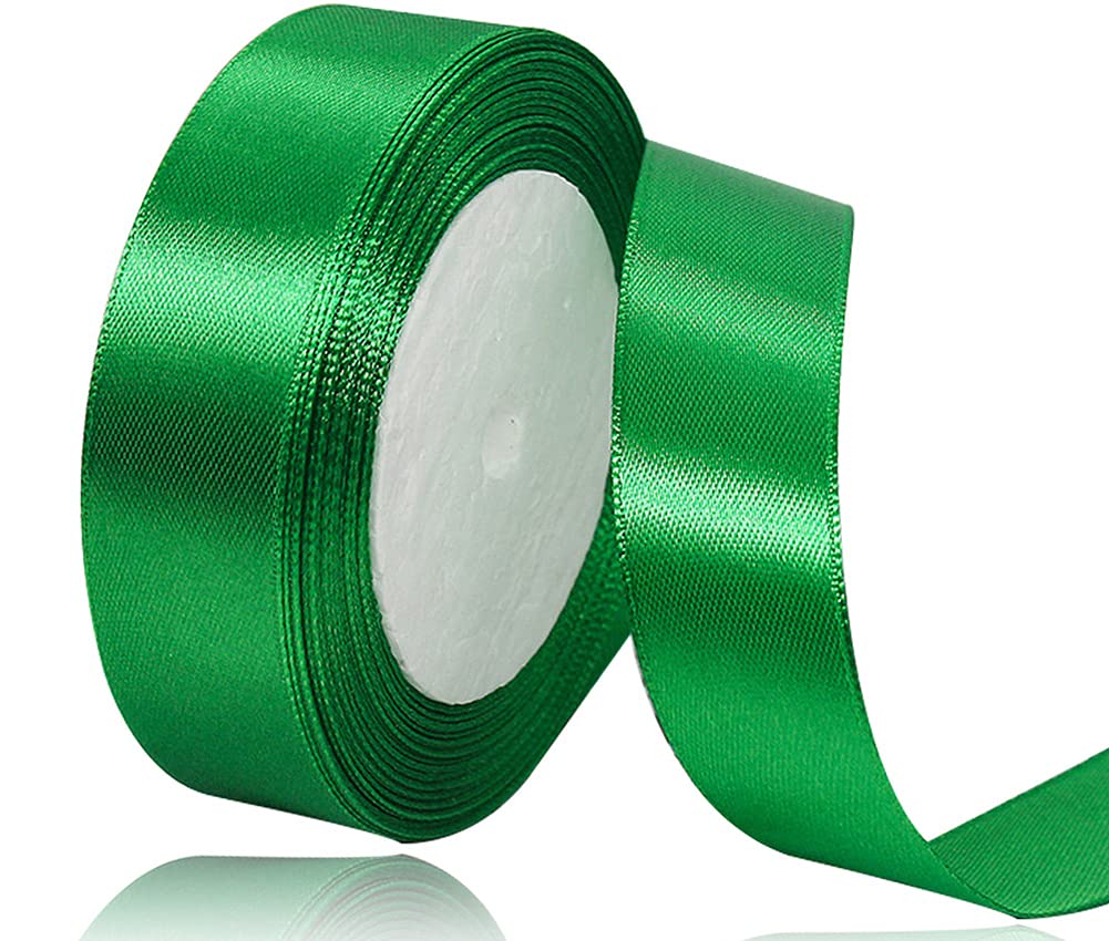Green Satin Ribbon 25mm, 23 Meters Solid Colors Fabric Ribbon for Crafting, Gift Wrapping, Balloons, DIY Sewing Project, Hair Bows and Cake Decoration