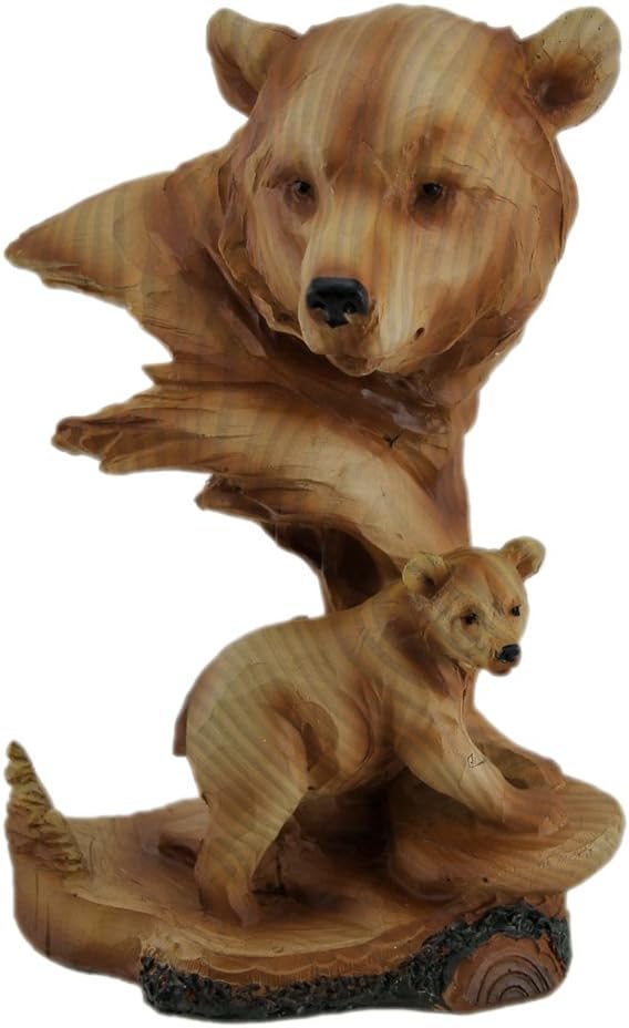 NEW 7" WOOD-LOOK BROWN BEAR BUST HEAD WITH BEAR ON ROCK STATUE