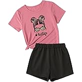 Axumity Kid Toddler Girl Clothes Summer Ruffle Sleeve Figure Graphic Shirt + Shorts Summer Outfits Set