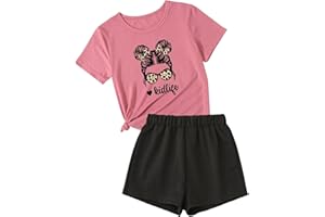 Axumity Kid Toddler Girl Clothes Summer Ruffle Sleeve Figure Graphic Tee Shirt + Shorts Summer Outfits Set