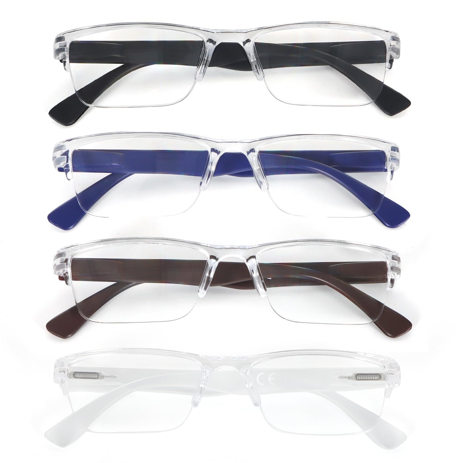 MMOWW 4 Pack Reading Glasses for Men Women Half Frame Glasses Lightweight Rectangle Transparent Computer Readers +1.5