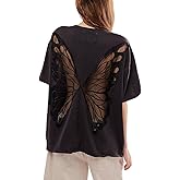 Women Butterfly Cutout Shirt Short Sleeve Crew Neck Solid Color Loose Fit Tee Vintage Y2K Streetwear Oversized Top