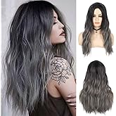 Sallcks Womens Ombre Grey Wig Long Curly Wavy Black Grey Middle Part Synthetic Halloween Cosplay Costume Wig