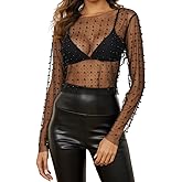 Fuimsul Women Sexy Mesh Sheer Pearl Rhinestone Crop Tee Shirt Summer See Through Long Sleeve Slim Fitted Solid T Shirt