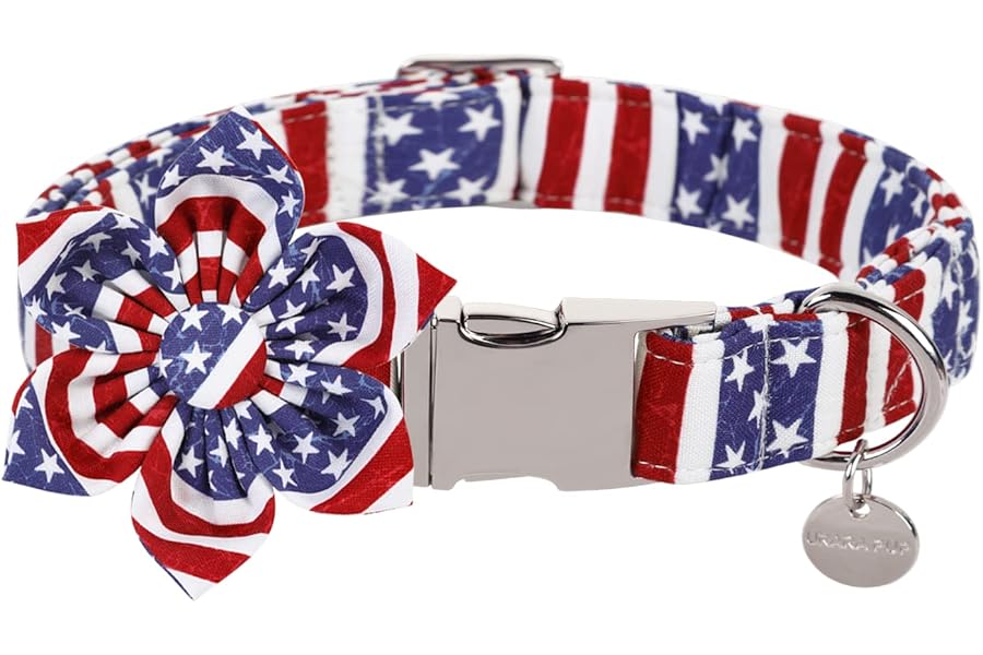 UP URARA PUP Dog Collar with Flower, 4th of July Comfortable Cotton Dog Collar, American Flag Collar for Small Girl Dog, Patriotic Flower Collar with Metal Buckle, S