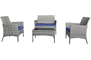 Ophelian 4 Piece Wicker Patio Furniture Set, Patio Set with Comfortable Cushion,Garden Pool Backyard Patio, Gray/Blue