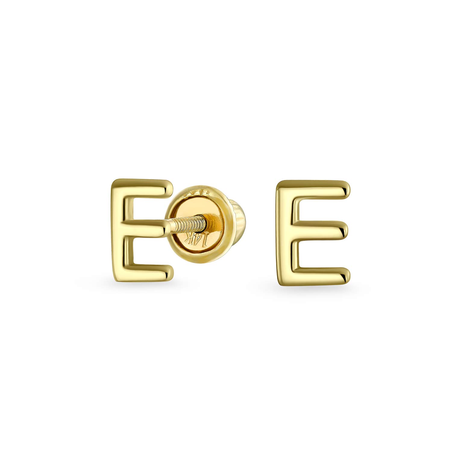 ABC Minimalist Real Yellow 14K Gold Capital Block Alphabet Letter E Initial Stud Earrings Safety Ball Screw Back For Teen For Women