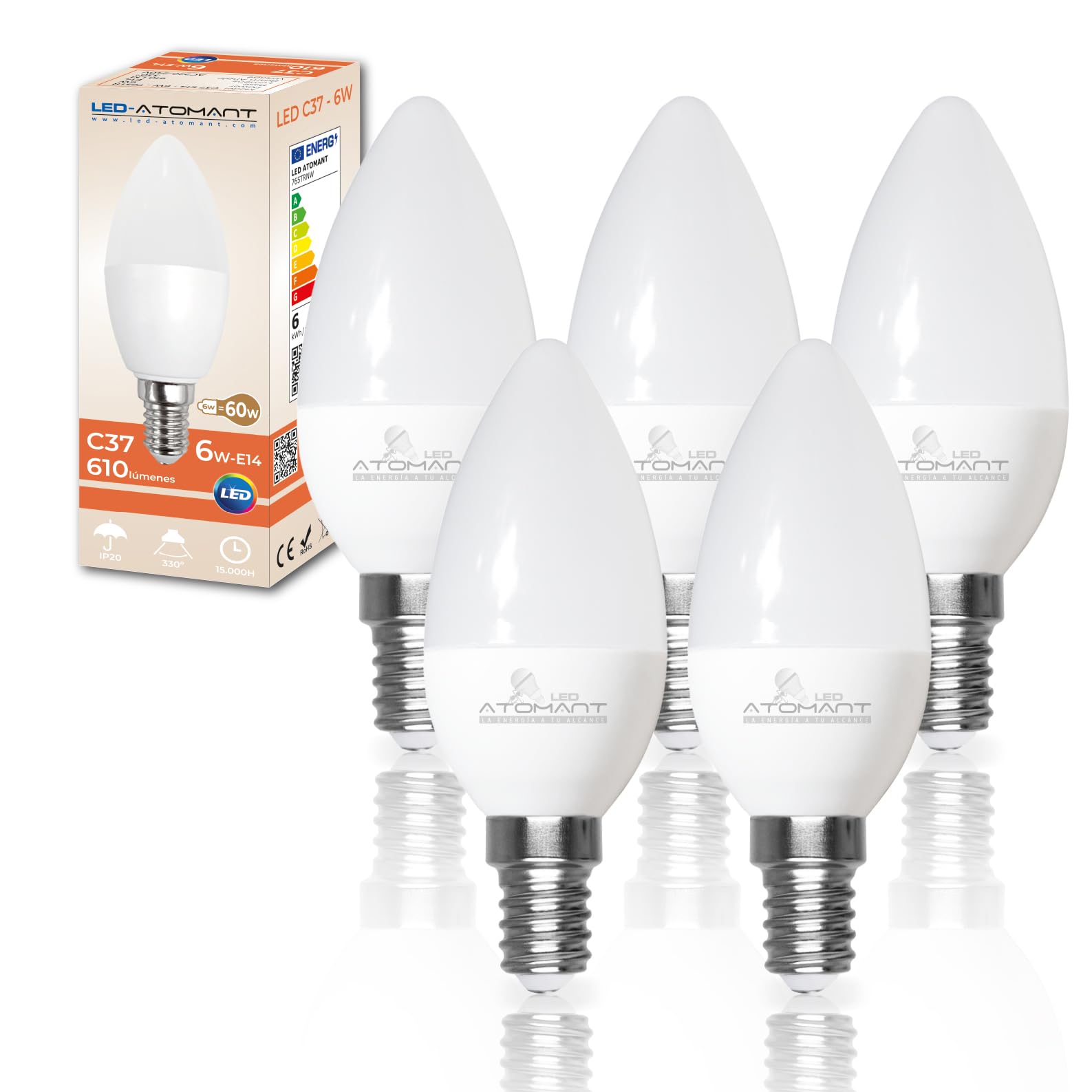 LED ATOMANT, S.L. Pack of 5 LED Candle C30, 7 W Neutral White (4500 K). 680 Lumens, Fine Cap E14. Equivalent to 60 W Traditional A+, 7 W