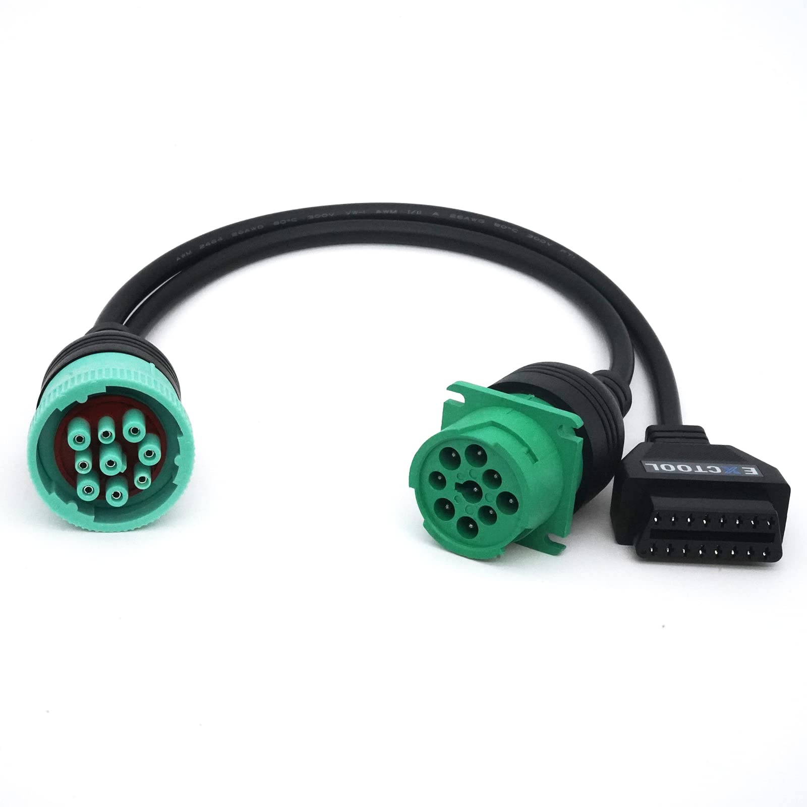 Photo 1 of Exctool J1939 Splitter 9 Pin Green Type 2 Male Plug to Female and 16 Pin OBD2 Y Cable Adapter Converter for Commercial Truck Fleet ELD GPS Tracker