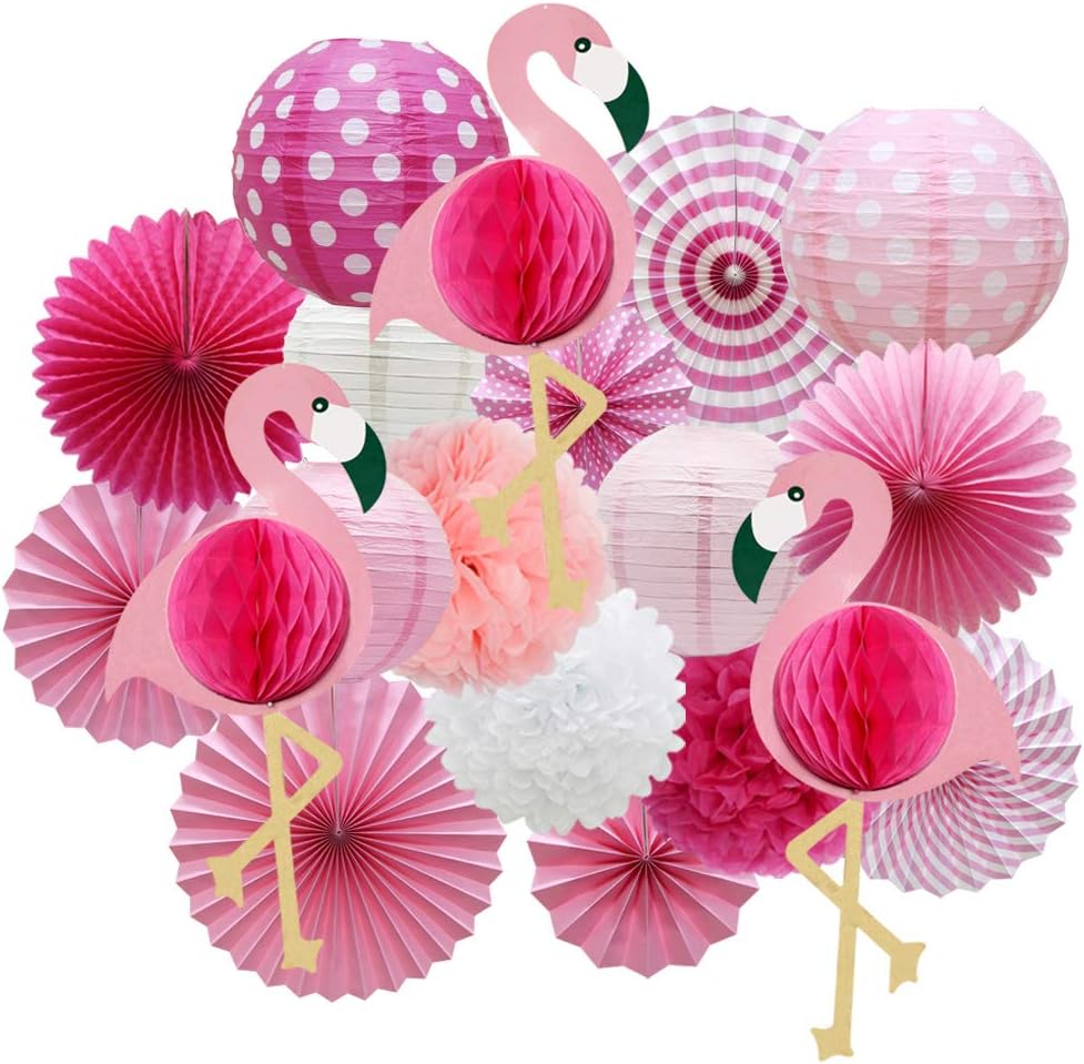 Meiduo Tropical Flamingo Party Honeycomb Decoration, Hawaiian Summer Party Supplies for Adults Kids Birthday Bridal Shower with Flamingo Paper Fans Pom Poms Flowers Paper Lanterns (Pink): Home Improvement