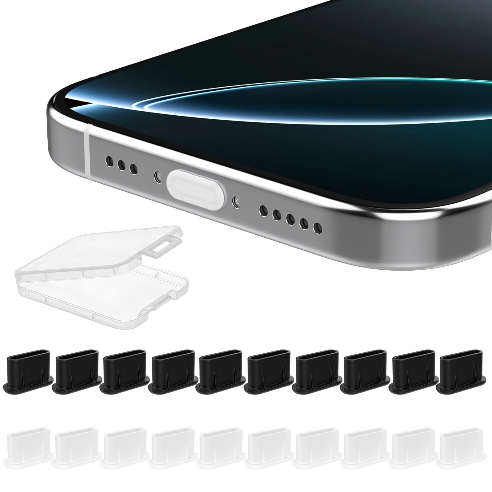 20Pcs USB C Dust Plug, Silicone Anti Dust Plug Cover + Portable Storage Box Compatible with iPhone 17 16 15 Series, Samsung Galaxy Google Pixel (10Clear+10Black)