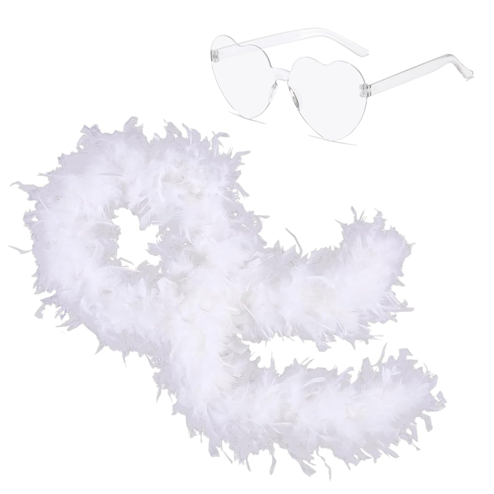 Ceboic Colorful Feather Boas 2M Fluffy Feather Boa with Heart Rimless Sunglasses Natural Turkey Feather Scarf Fancy Dress Accessories for Women Girls Dancing Wedding Cosplay Halloween Christmas Party