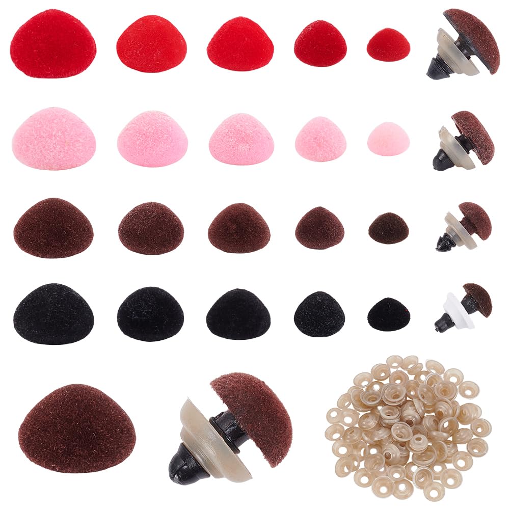 PH PandaHall 136 Sets Safety Noses for Amigurumi, 5 Sizes 4 Colors Triangle Noses Flocking Safety Nose Pink Velvet Stuffed Animal Nose with Washers for Teddy Bear Puppets Plush Animals Crochet