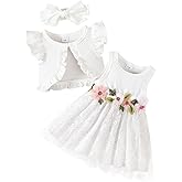 Renotemy Newborn Baby Girl Baptism Tutu Dress White Flower Tulle Sleeveless Dresses with Ruffle Sleeveless Cardigan Set Boho Summer Birthday Party Princess Wedding Dress for Baby Girl 3-6 Month
