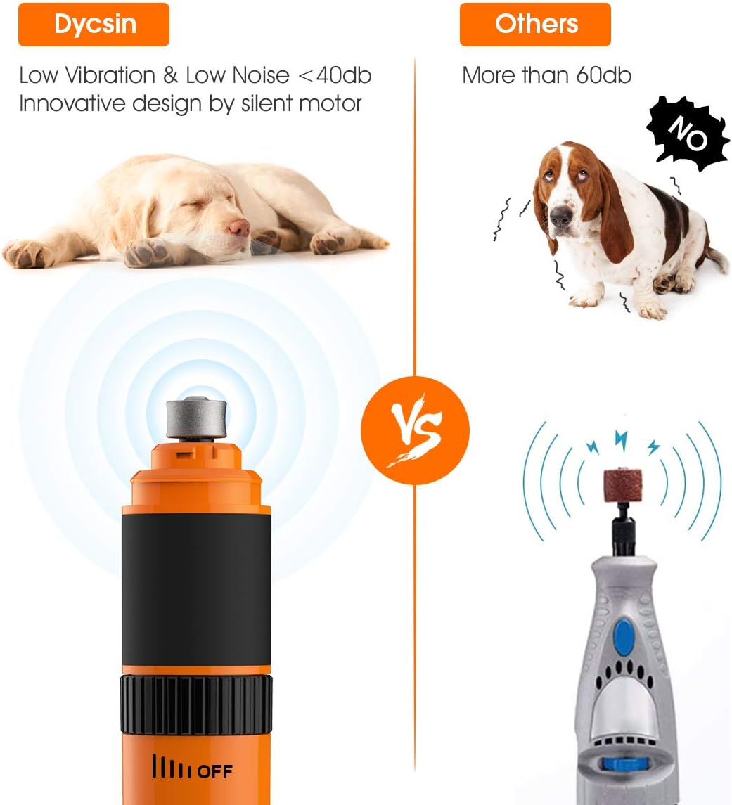 Dycsin Dog Nail Grinder Quiet Electric Pet Nail Trimmer Clipper Rechargeable with 20h Working Time Stepless Speed Paws Grooming for Large Medium Small Dog Cat : Pet Supplies