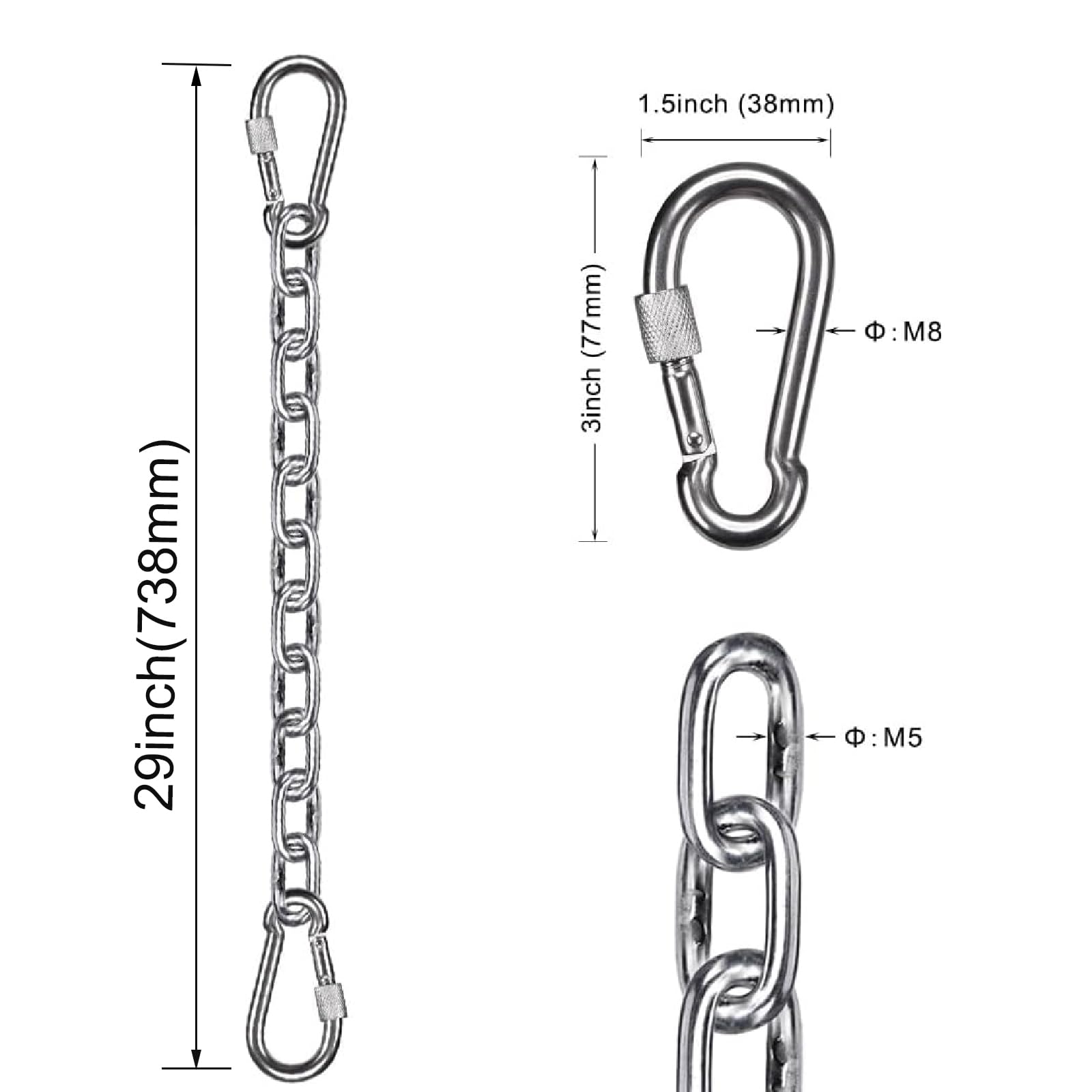 BeneLabel 2Pcs 29inch Stainless Steel Hanging Chair Chain Kit with 4 Carabiners 1000 LB Capacity Hammock Chain Extender Chain for Swing, Punching Bag, Porch Swing, Indoor & Outdoor