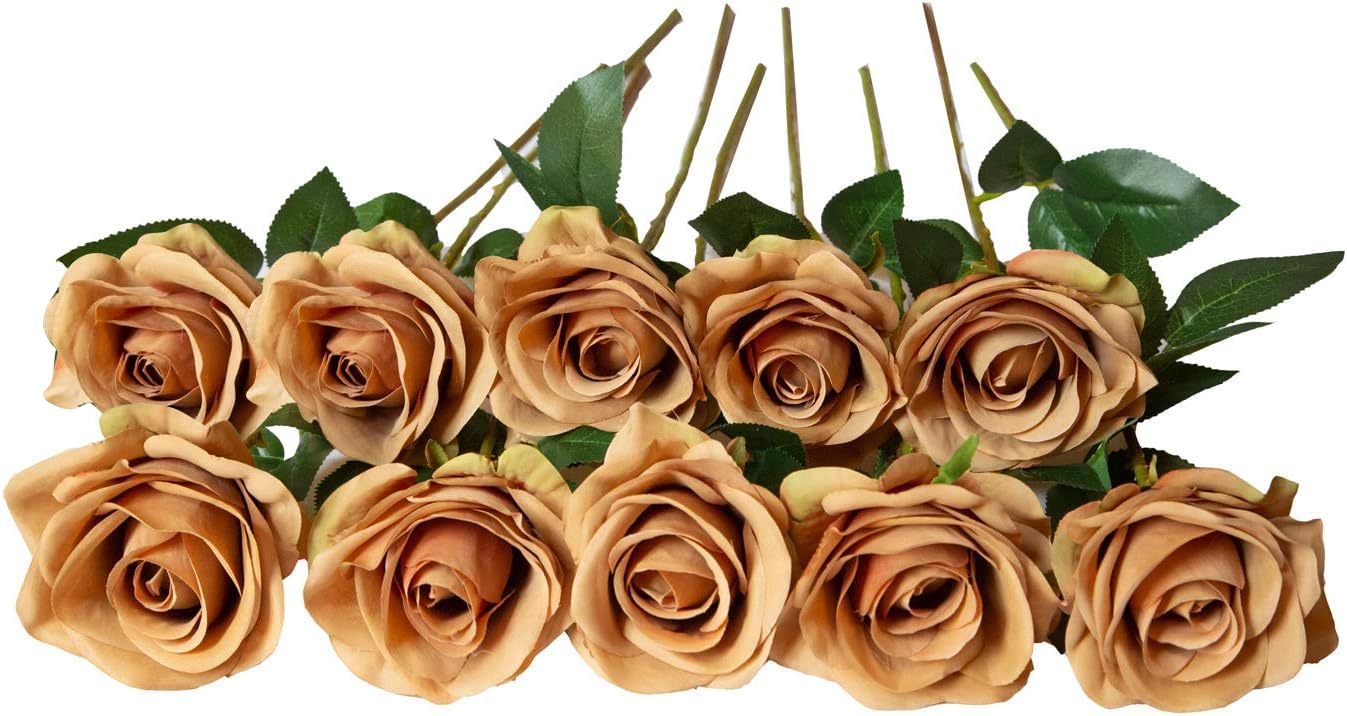 DuHouse 10Pcs Artificial Roses Fake Silk Flowers Realistic Bridal Bouquets with Single Long Plastic Stems for Arrangement Wedding Table Centerpiece Party Home Decor(Coffee) — image 1