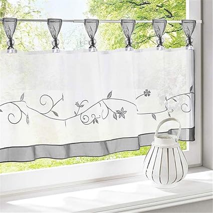NIBESSER Scheibengardine Küchengardine Bistrogardinen Transparenter mit Blumen-Stickerei Muster Schlaufen Voile Gardine mit K