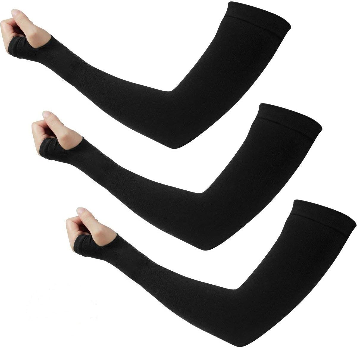 HQdeal Sun UV Protection Sleeves for Men Women Cooling Arm Sleeves Warmer Long Protective Tattoo Cover Golf Cycling Running Fishing Driving Basketball Baseball 3 Pairs Black